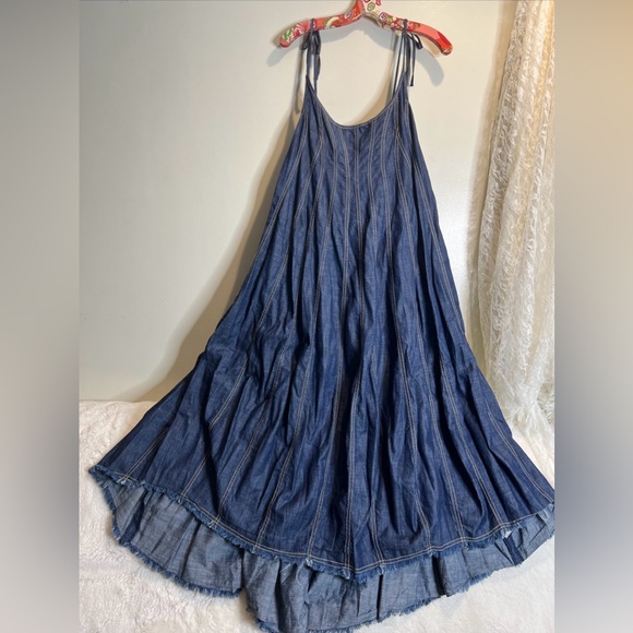 Free People Denim Dreams Denim Chambray Tie Shoulder Seamed Midi Dress M - Picture 6 of 8